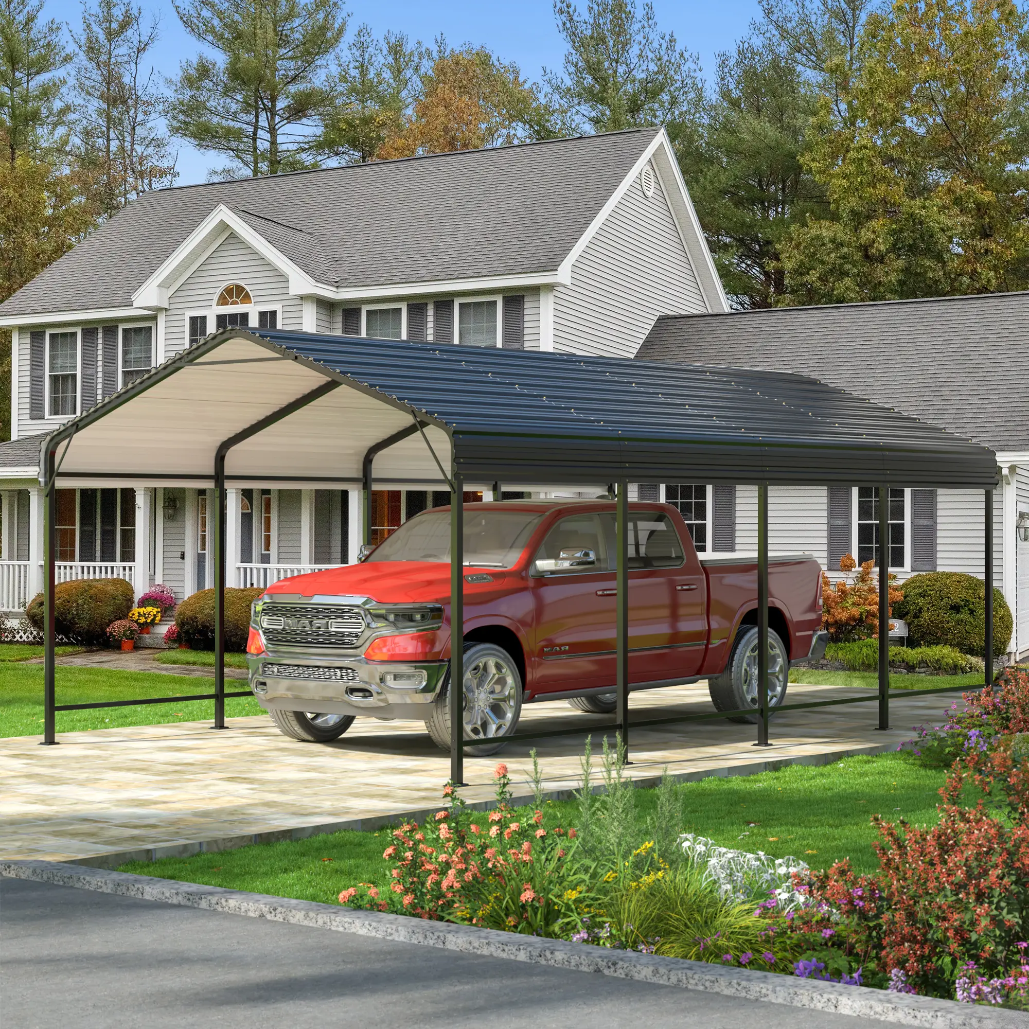 Metal Carport with Enhanced Base Outdoor Heavy Duty Garage Galvanized Car Shelter for Pickup, Boat, Car and Tractors