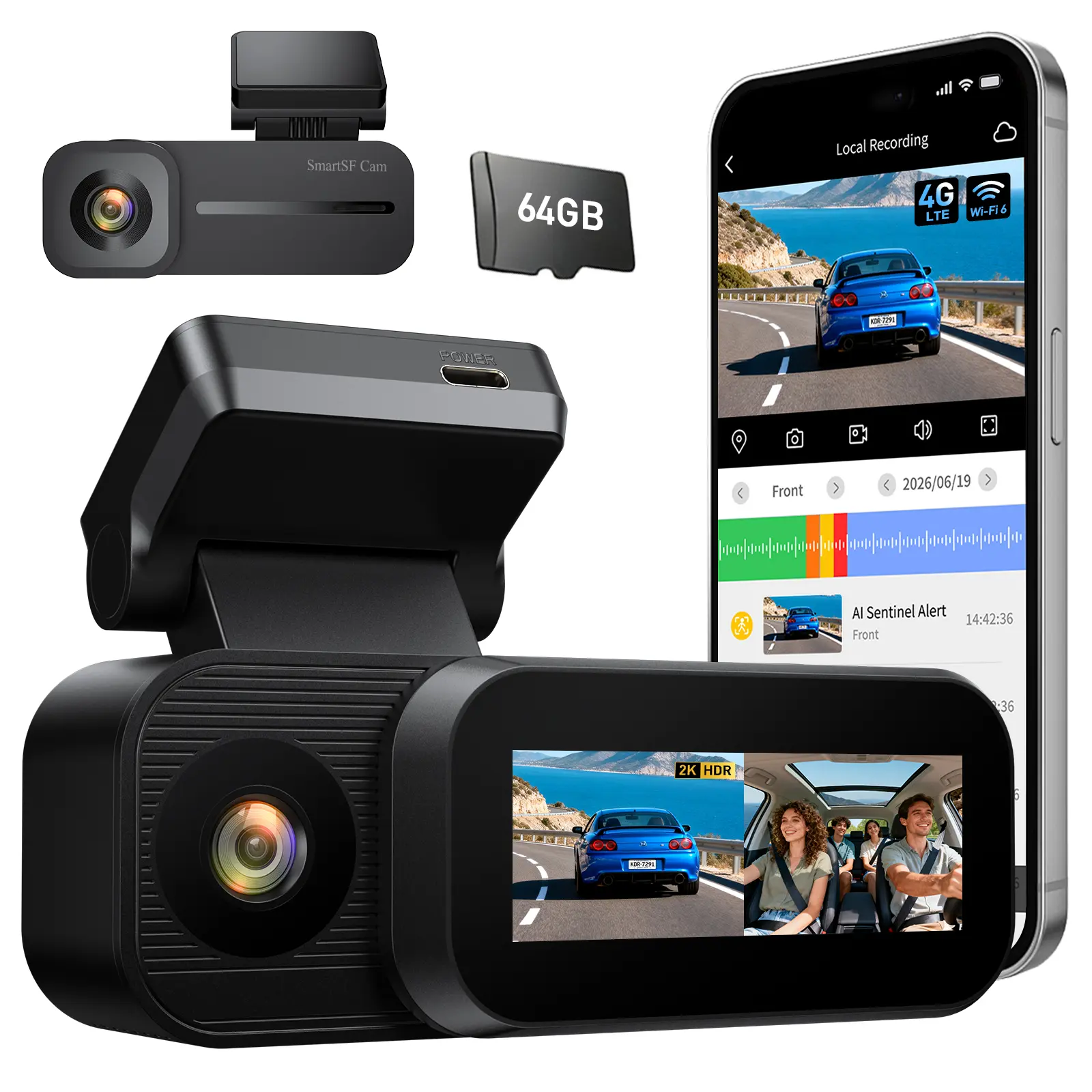 SmartSF Cam 4G LTE Dash Cam with eSIM GPS Remote and APP Live View Built-in eSIM global roaming, dual 2K, 24H parking protection, 2-way talk, OBD protection, no subscription, GPS track, Built-in 64G SD card