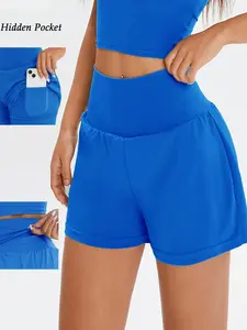 Women's 2-in-1 High Waist Gym Shorts, Solid Color Side Pocket Skinny Gym Shorts, Ladies Sportswear for Indoor Outdoor Wear