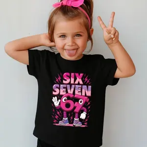 Girls' 67 SIX SEVEN Short Sleeve T-Shirt |     Black Crew Neck Pullover with Fun Holiday Cartoon Characters, Comfortable Summer Top, Casual Style with Medium Stretch Fabric, Knit