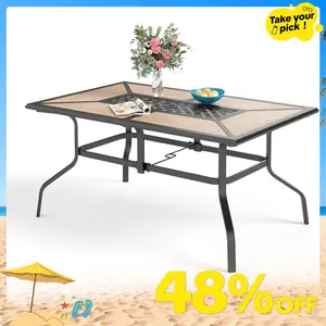 Phivilla Rectangular Outdoor Dining Table with 1.6"-2" Adjustable Umbrella Hole, 6 Person Patio Table for Outdoor, Rectangle Patio Table with Faux Wood Tabletop and Metal Steel Frame