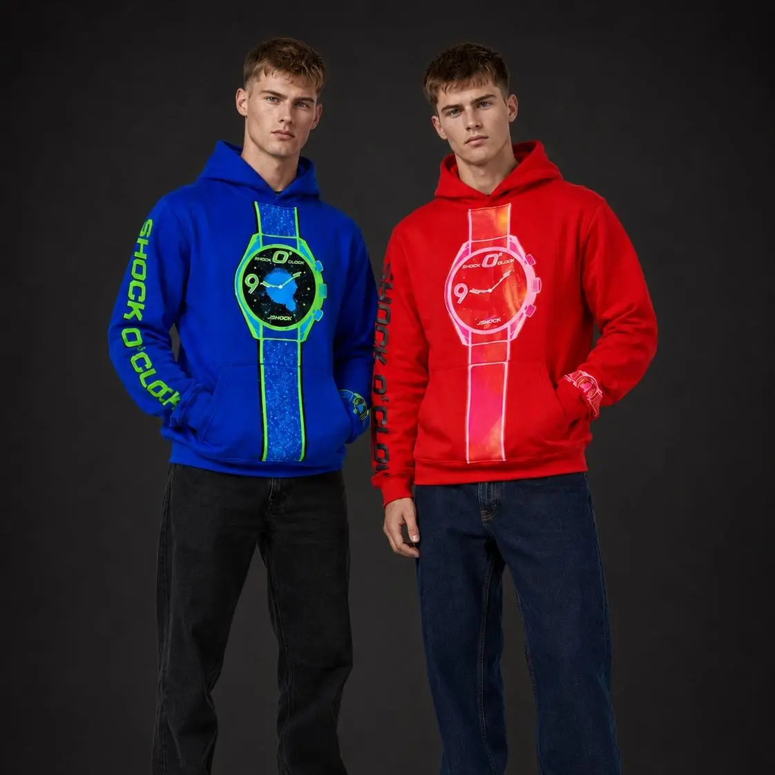 JSHOCK Shock O'Clock Hoodie | Watch Graphic Streetwear | Blue & Red | Men Women Unisex