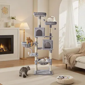 Large 71 Inch Cat Tower for Indoor Cats, Multi-Level Tree with 2 Condos, Hammock, Basket, Perches & Sisal Posts, Space-Saving Cat Furniture for Climbing and Play