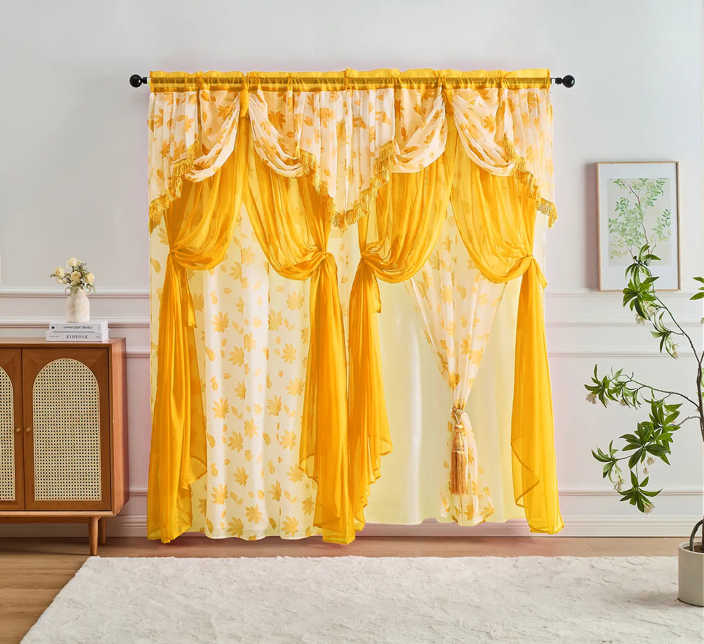 Luxury Floral Print Soft Sheer Curtains Set - 53x84+18in Drapes, Lightweight Durable Sheer Curtains for Bedroom, Living Room, Sheer Curtain