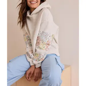 Womens Hooded Sweatshirt Long Sleeve Floral Print Patchwork Casual Loose Fit Tops with Pocket