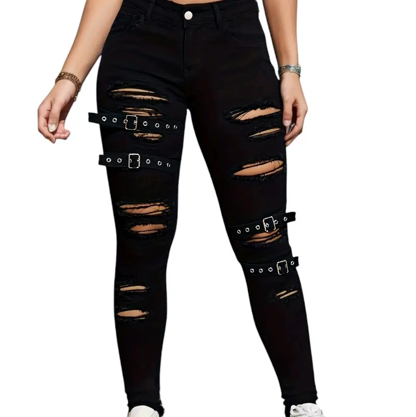 Black Tight Stretch Skinny Ripped Belts Denim Pants