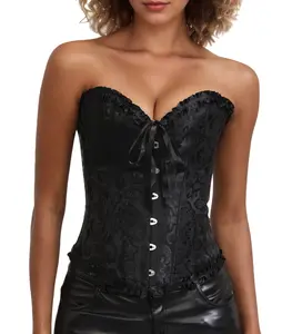 Bustier Corset Tops for Women Overbust Lace Up Date Night Outfit Strapless Steel Boned