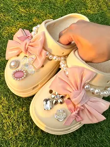 12pcs Pink Bow & Pearl Shoe Charms Set, Sparkly Rhinestone, Butterfly, Rose & Gemstone Decorative Accessories with Pearl Chain, Detachable Clog Charms for Garden Shoes, Bubble Slides, Sandals & Casual Footwear, Perfect DIY Decor & Gifts for Girls & Women