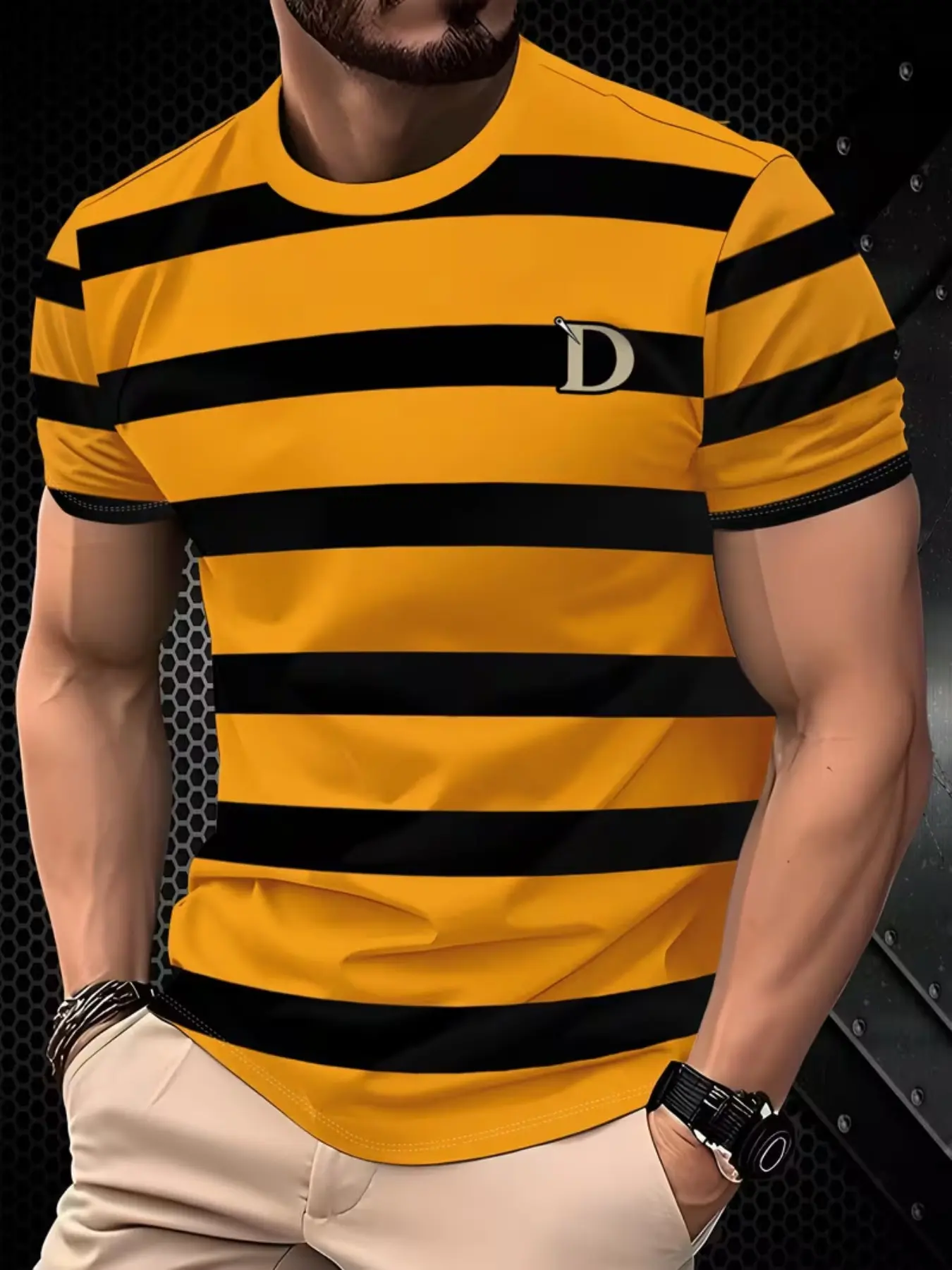 Men's Fashion Yellow Black Striped T-Shirt, Block Design, Casual Fitted Short Sleeve Top, Simple Letter Decor, Trendy Look, Streetwear, Menswear