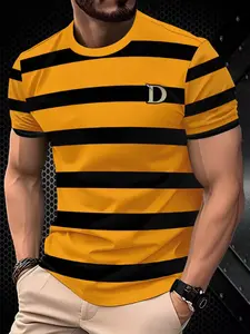Men's Fashion Striped T-Shirt, Block Design, Casual Fitted Short Sleeve Top, Simple Letter Decor, Trendy Look, Menswear