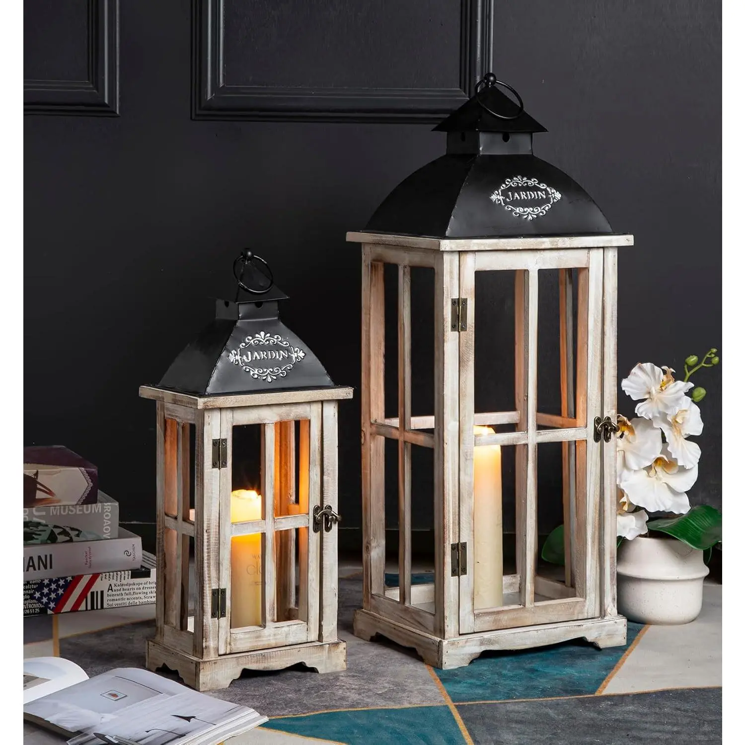 Set of 2 Large Decorative Wooden Metal Lanterns, Farmhouse Rustic Floor Candle Lanterns, Indoor/Outdoor Hanging Lanterns for Home Decor (No Glass)