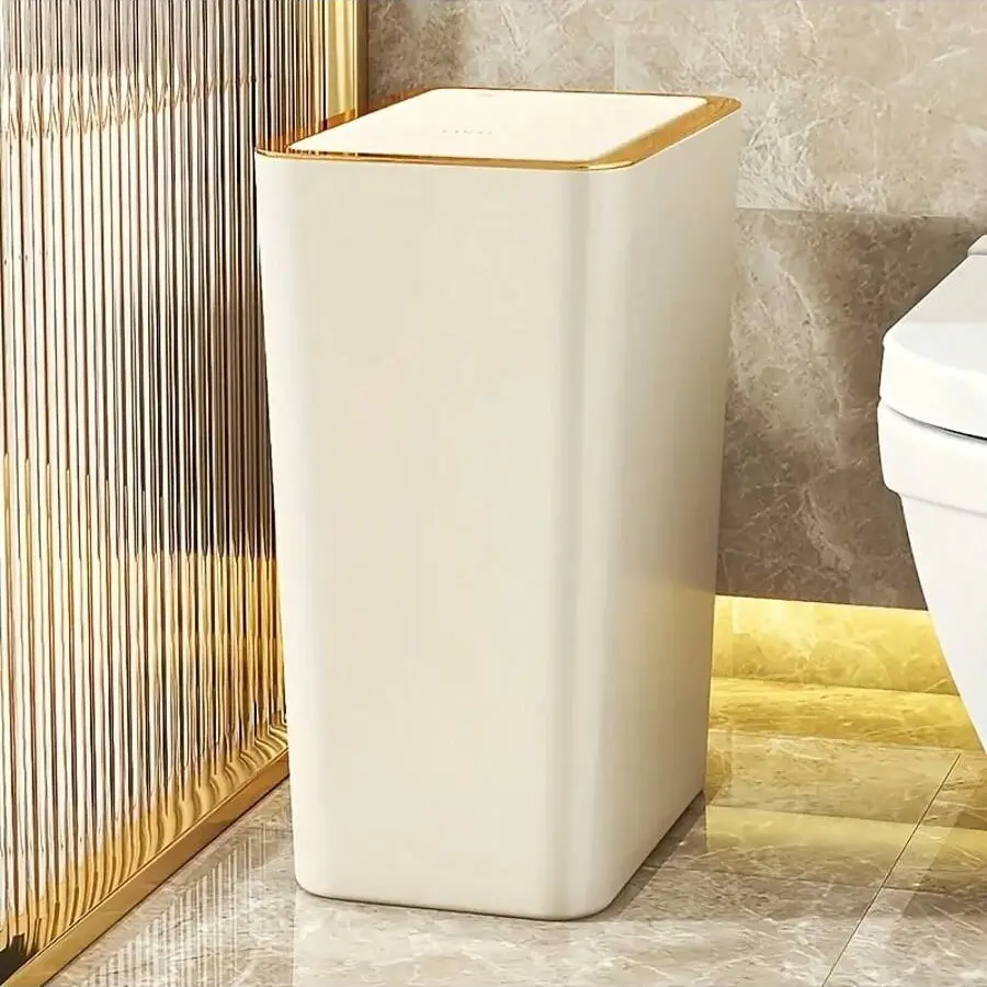 Press Type Trash Can with One-Touch Lid, Square Compact Slim Plastic Waste Bin with Odor-proof Press Cover, Household Garbage Container for Kitchen, Living Room & Bathroom