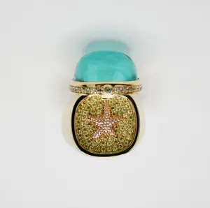 Aquamarine Cabochon Ring with Hidden Opening Starfish in 9K or 14K Gold