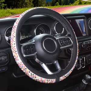 KAFEEK Bling Diamond Leather Steering Wheel Cover, Sparkling Rhinestone Design, Universal 15 Inches, Car Steering Wheel Protector for Men and Women