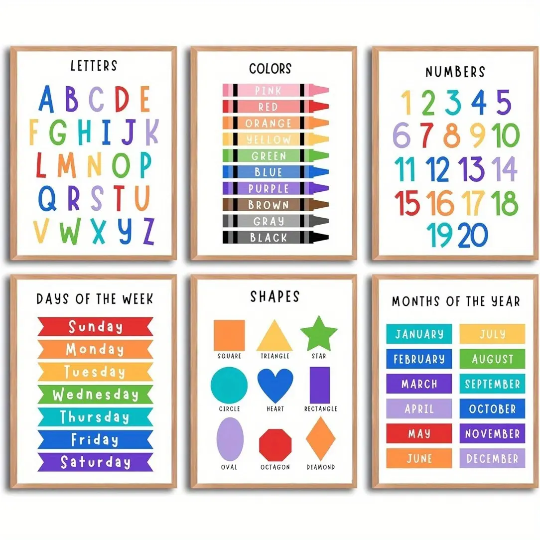 6pcs Educational Poster Set for Youngsters, Frameless Days of the Week Charts, 8x10 Inches, Kindergarten & Home School Supplies, Classroom Decoration, Teaching Supplies, Homeschool Supplies