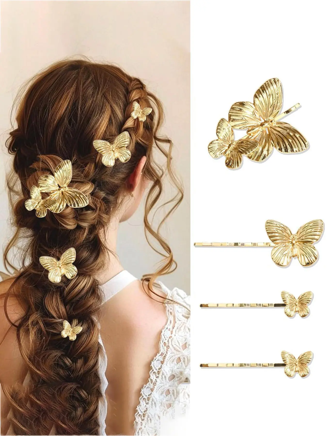 4-piece set of golden butterfly hair clips, women