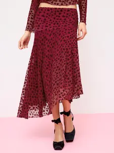 Cider Mesh Flocking Heart Asymmetrical A-line Maxi Skirt
