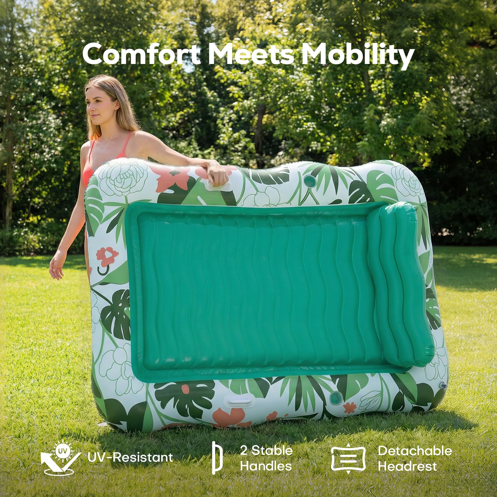 Inflatable Tanning Pool Lounger Float for Backyard,75''×51''Pool Floats Adult with Cup Holder & Removable Pillow, Tanning Bed for Sunbathing, Summer Party and Family Fun (Green, L)