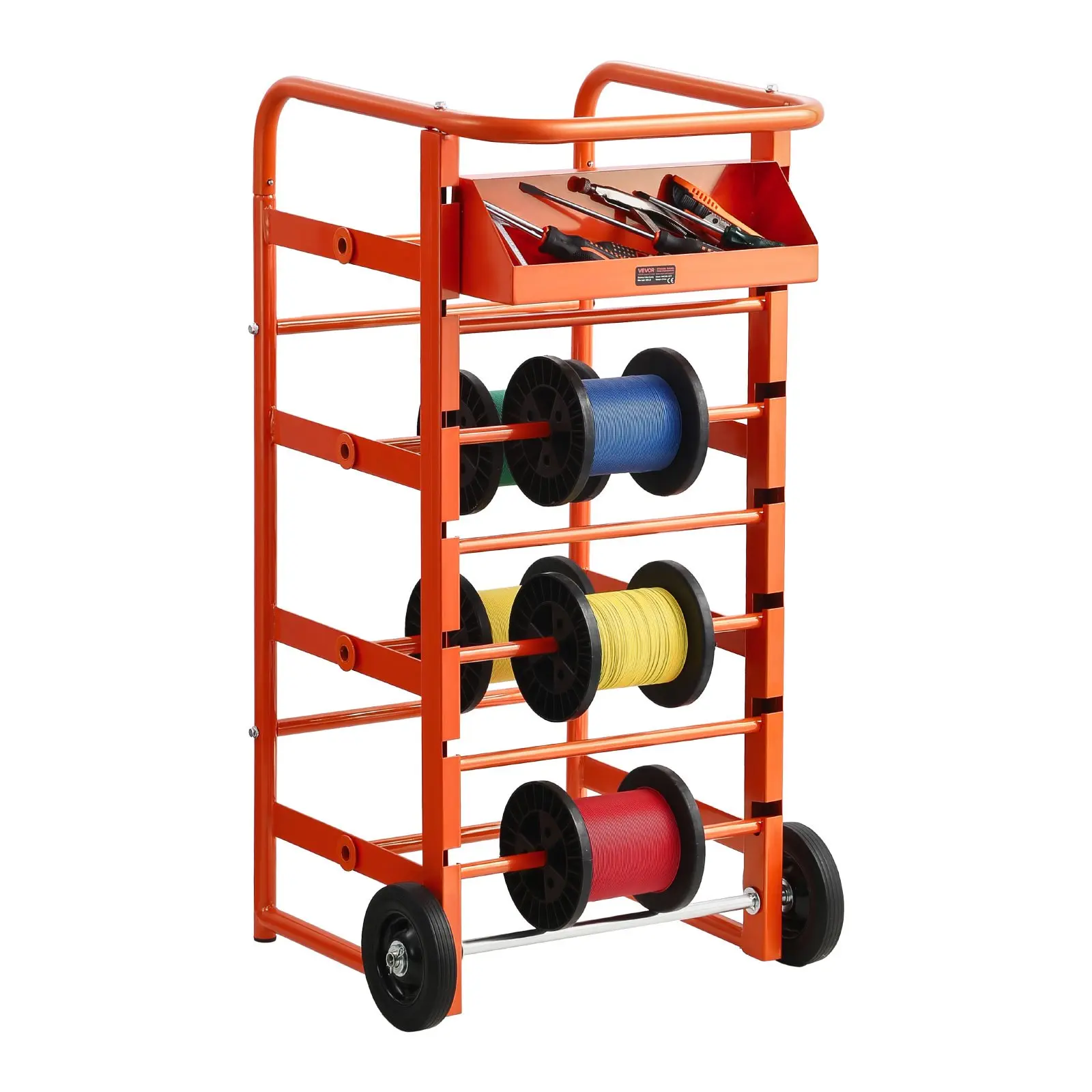 VEVOR Durable Corrosion-Resistant Indoor Wire Spool Rack Tool Organiser, 11-Rod Multi-Spool Dispenser with Wheels, Storage Tray for Electrical, Industrial Use to Boost Working Efficiency