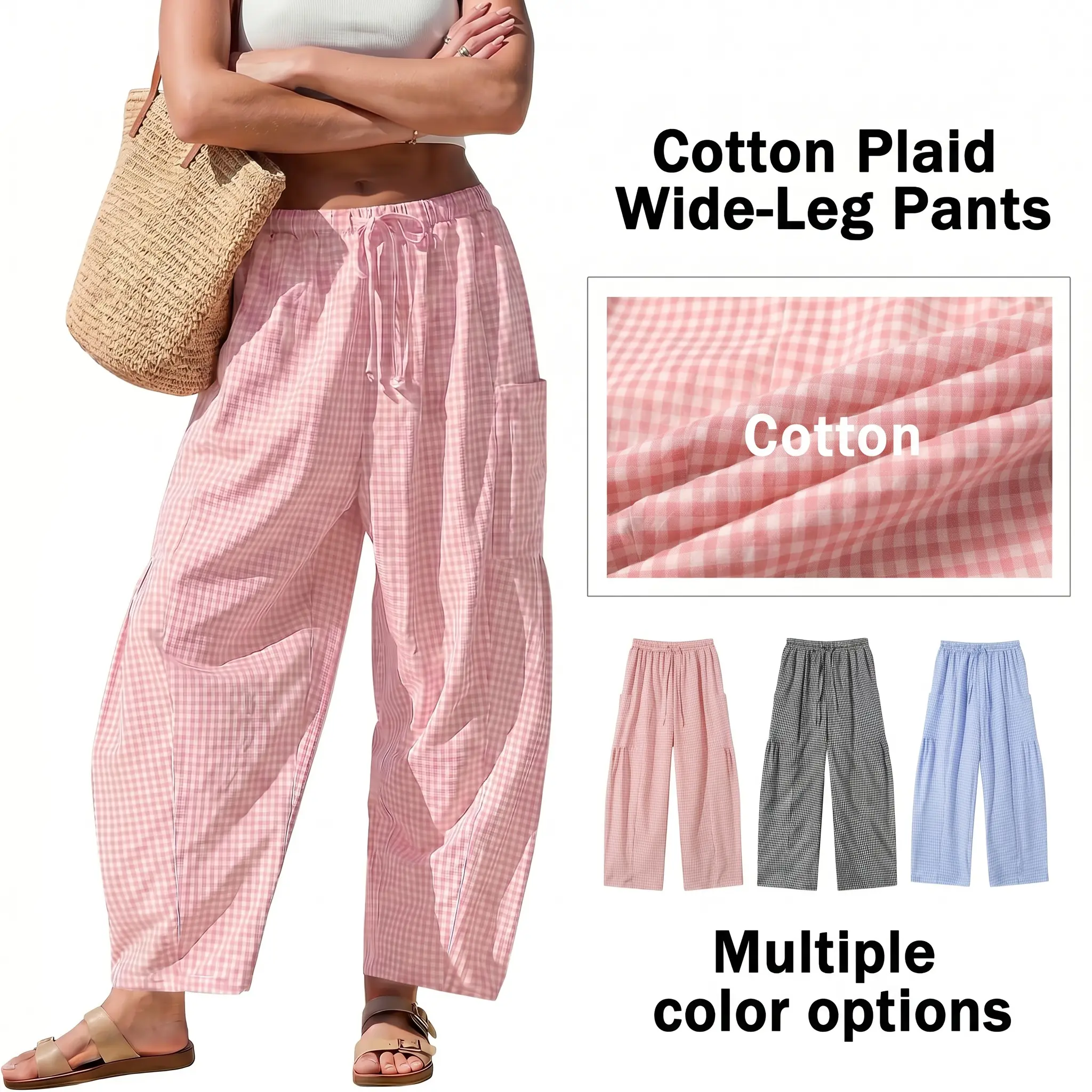 Women’s lightweight plaid wide-leg casual pants, 55% cotton material; comfortable, loose, elegant harem pants with elastic drawstring waistband and side pockets, suitable for home wear, sleepwear, and vacations.