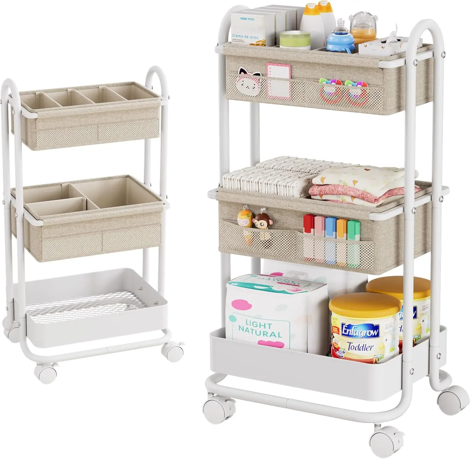 Baby Diaper Caddy Organizer Cart - 3 Tier Rolling Cart, Off White | Lockable Wheels, Baby Essentials Nursery Storage, Detachable Dividers - for Crib, Bedroom, Art & Craft Organizer
