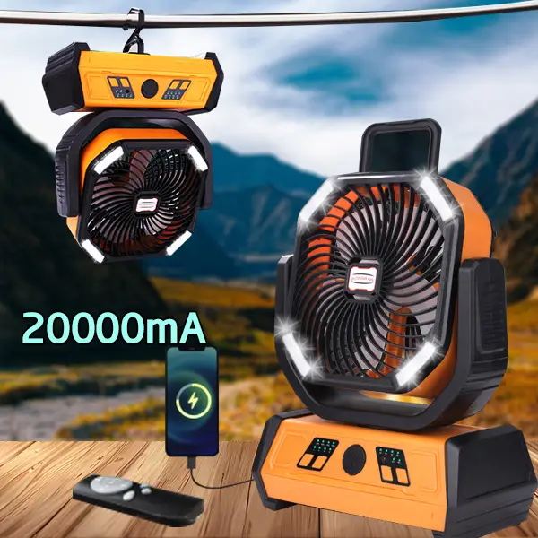 Rechargeable Camping Fan with LED Light, Portable Multi-functional Fan with 360° Rotating Hook, Oscillating Emergency Camping Fan Cordless Rotatable B