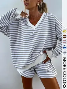Women's Striped Print Long Sleeve Tee & High Waist Shorts Two-piece Set, Casual Round Neck Top & Shorts for Spring & Fall, Women's Clothes for Daily Wear