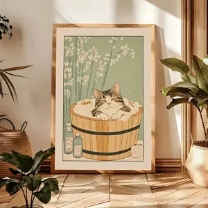 Modern Art Abstract Poster Print, Japanese Style Bathing Cat Wall Art, Unframed Canvas Decor for Living Room Bedroom Hallway, Cute Cartoon Print, Canvas Prints