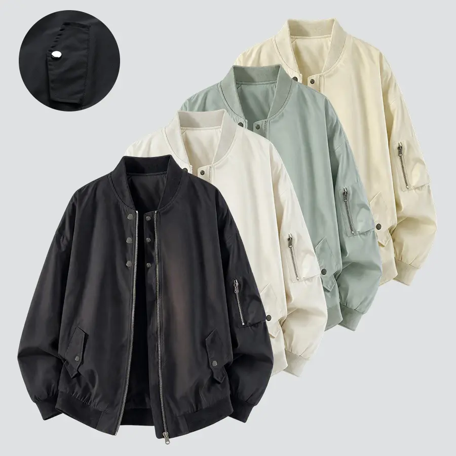 Unisex classic aviator jacket, relaxed fit casual outerwear, windproof and water-resistant, featuring functional arm pockets and practical side pockets.