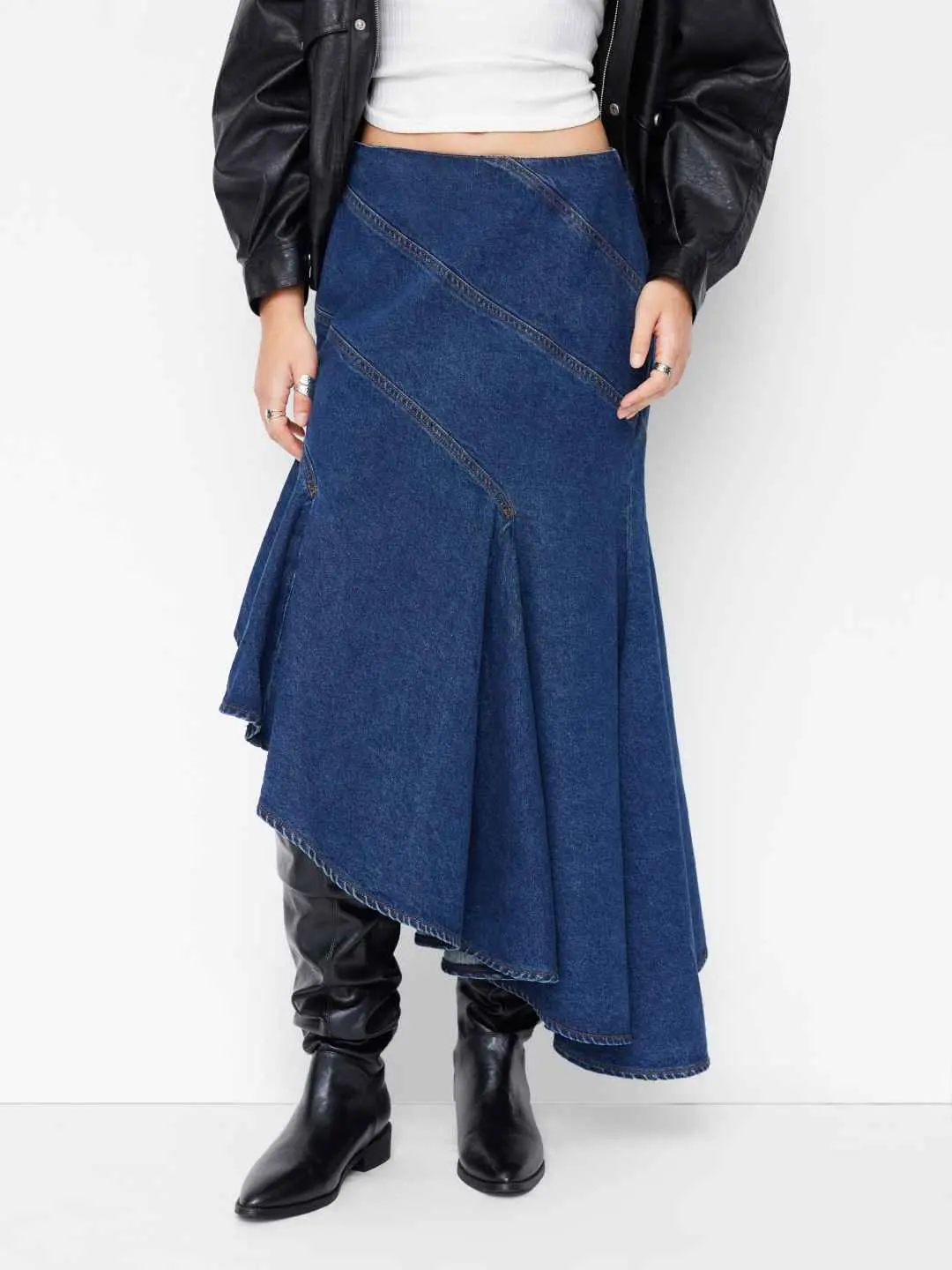 Cider Denim Mid Rise Asymmetrical Ruffle Hem Mermaid Midi Skirt