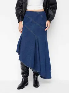 Cider Denim Mid Rise Asymmetrical Ruffle Hem Mermaid Midi Skirt