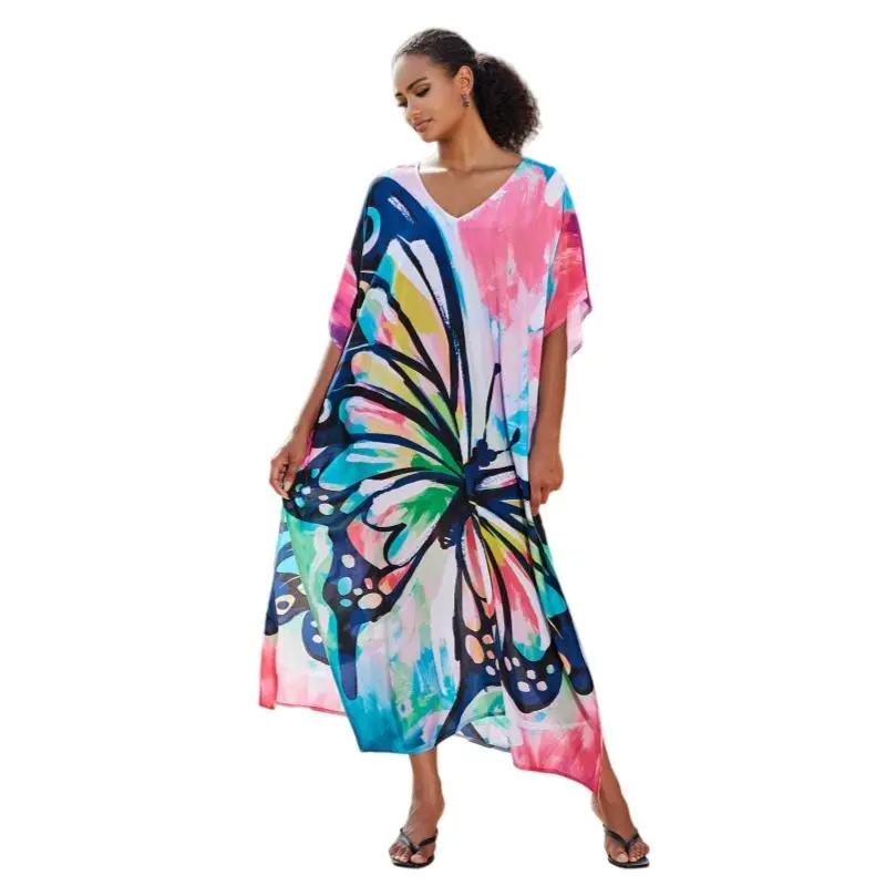 Women's Boho Kaftan Dress, Summer Clothes, Ethnic Print Casual Loose Fit Oversized Maxi Dress for Beach Holiday Vacation, Ladies Summer Clothes, Women's Clothing, Womenswear, Swimsuit Cover Up, Mumu Bubu Caftan Dresses for Party - butterfly Fabric Viscose