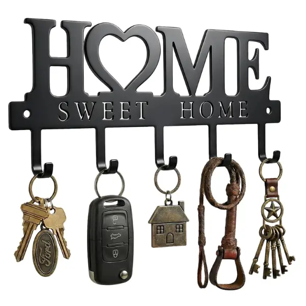 Entryway Wall Key Holder with 5 Hooks, Metal Key Rack Wall Mount for Keys, Bags and Leashes, Decorative Organizer for Entryway, Mudroom or Hallway, Sweet Home Design, 9.8 inches, Black