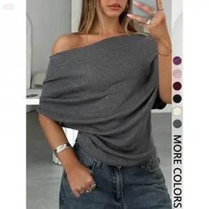 YehGoods 2026 Women's Summer Autumn Plain Casual Asymmetrical Shoulder Batwing Sleeve Knit T-Shirt, Loose Fit Drop Shoulder Short Sleeve Top women