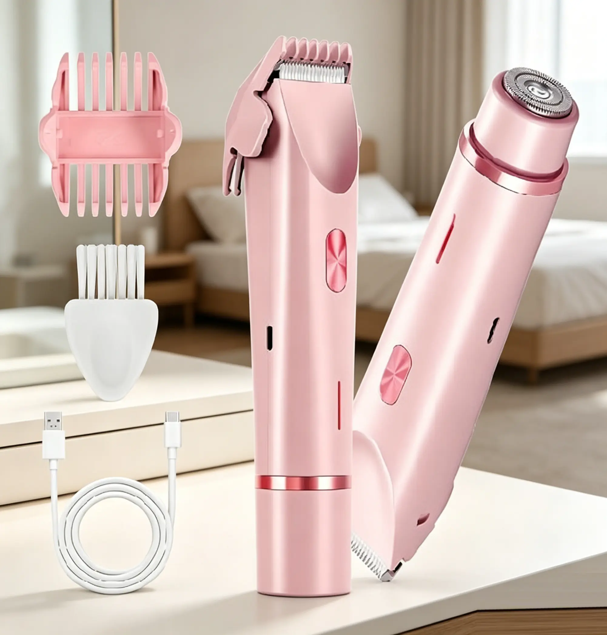 Women's 2-in-1 Dual-Head Battery Powered Trimmer Shaver, USB-C Rechargeable Cordless Trimmers, IPX7 Showerproof Waterproof Groomer, Safe Smooth Bikini Line Hair Removal Tool for Daily Travel Body Care, Showerproof Body Trimmer