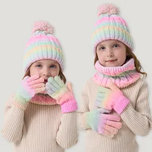 New colorful hat, scarf, gloves three-piece set autumn and winter plus velvet thickened single ball hat
