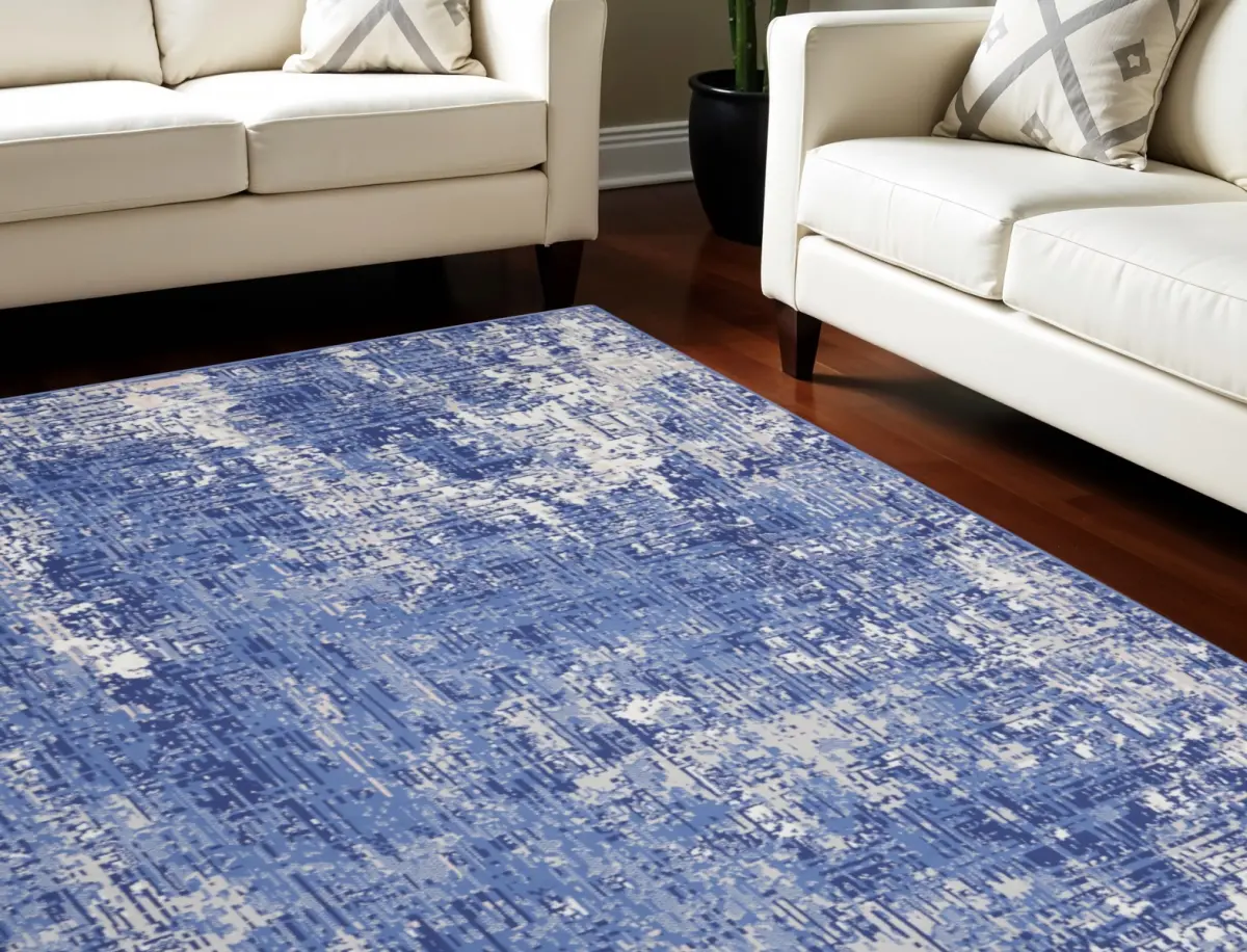 HomeRoots 556173 Modern Abstract Rug - 8x10 ft Distressed Ivory & Blue Rectangle Area Rug for Home Decor, Abstract Rugs