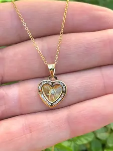 Heart Guadalupe Necklace Virgen Maria Charm Virgin Mary Pendant CZ for Womens Girls Cable Link Chain