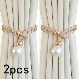 Elegant Faux Pearl-Decor Curtain Tieback, Curtain Tie Backs For Curtains, 2 Counts Adjustable Rope Holdback, Chic Curtain Accessories, Home Decor, Window Decorations Supplies
