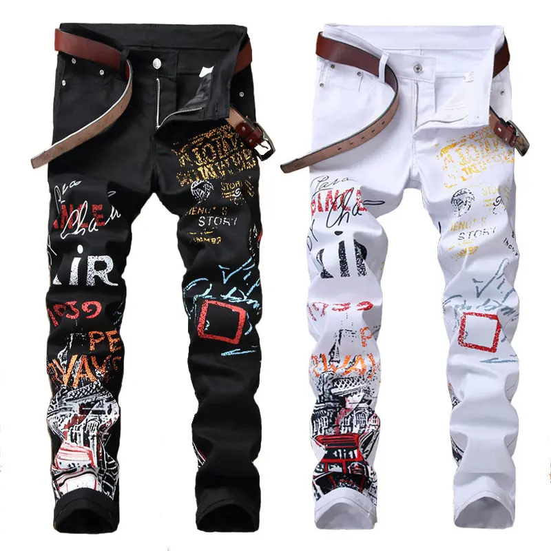 New European and American Style Men's Jeans Stretch Casual Pants Printed Straight Pants Street Fashion One Piece Wholesale
