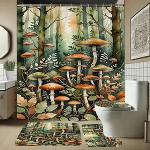 1/4 piece mushroom design bathroom set, including soft floor mat, toilet seat cushion, shower curtain, creating elegant decoration, home decor, floor mat with good rebound, water absorption, anti slip, preferred for gift giving