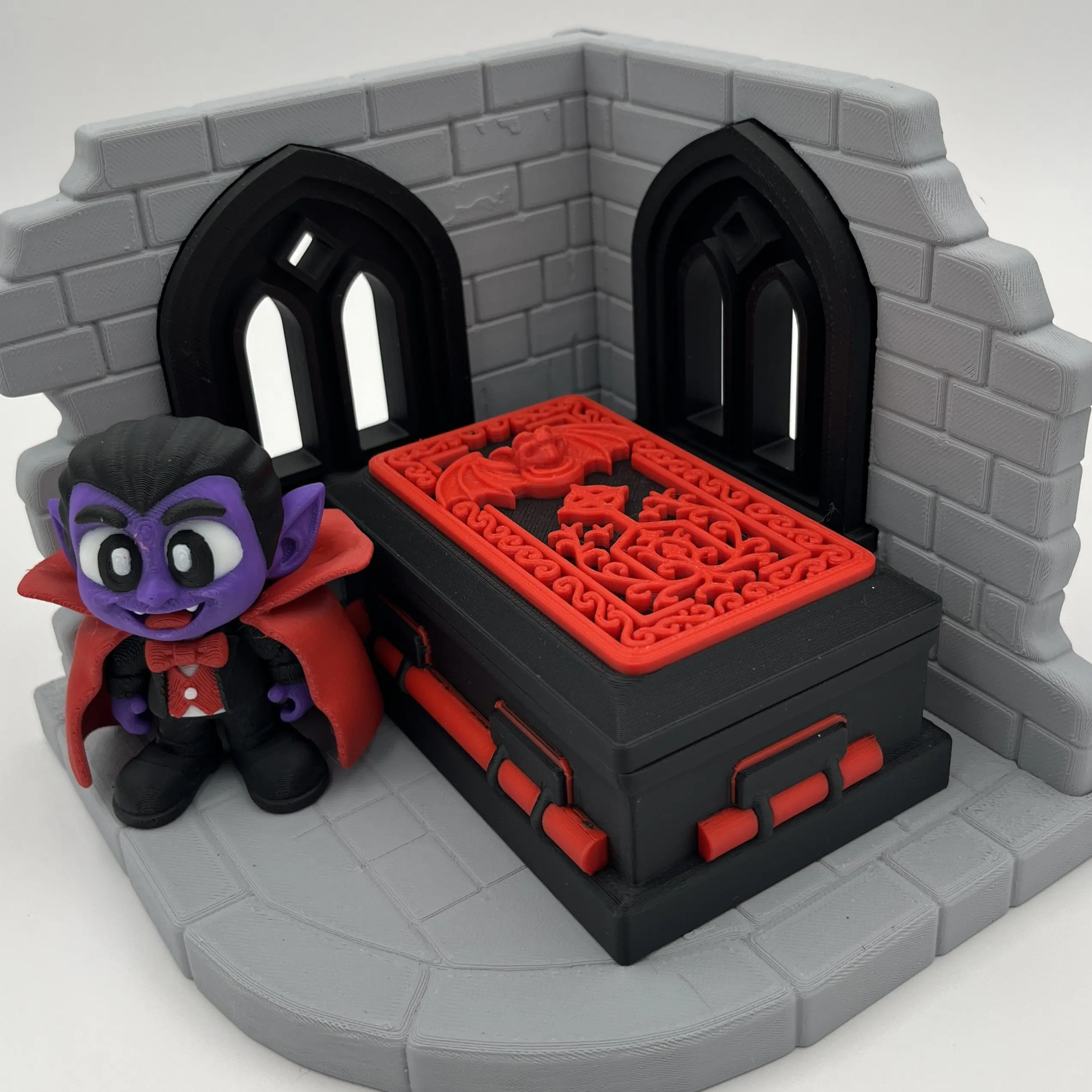 Spooky Vampire Coffin Diorama with Removable Lid - Plastic Gothic Castle Corner Wall Decor, Playful Spook Halloween Home Decoration Statue