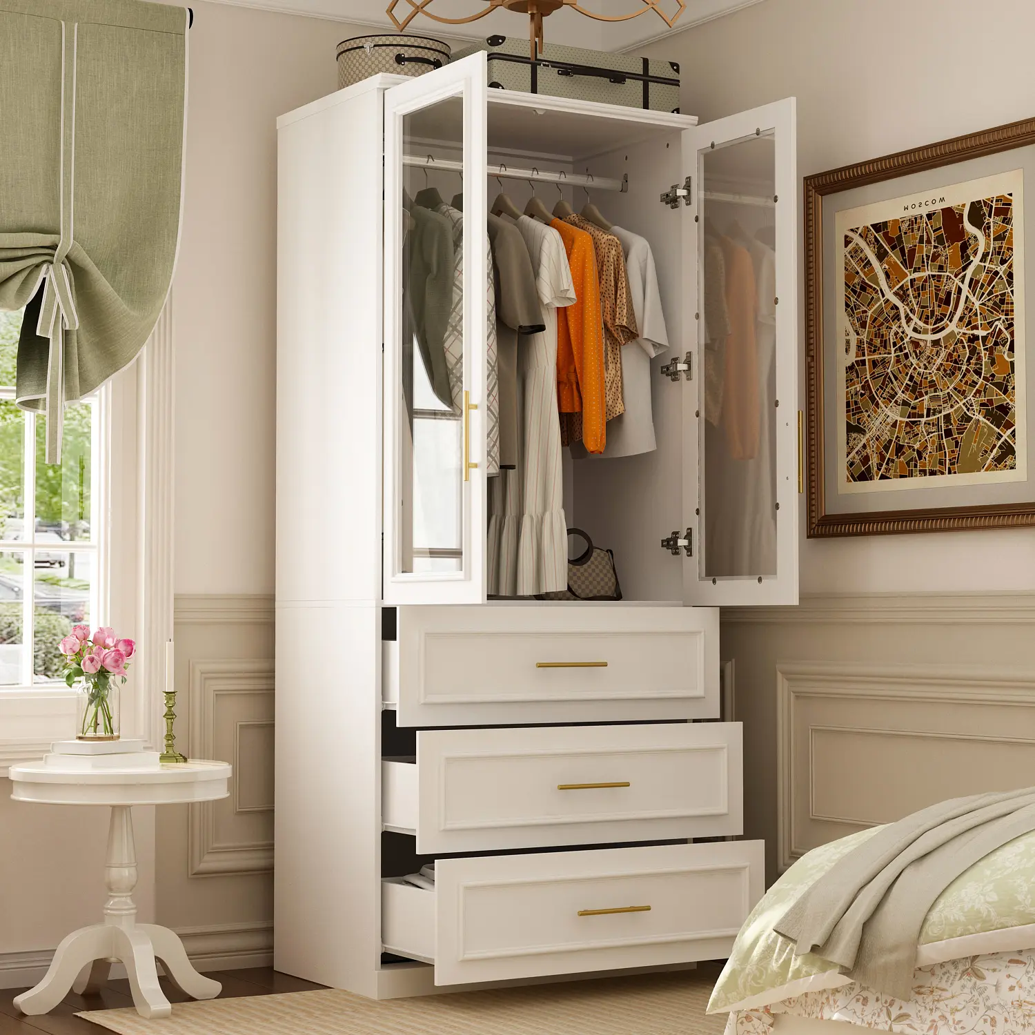 FUFU&GAGA 31.7"W Modern Modular Wardrobe - Glass Door Armoire Cabinet, Interior Bedroom Furniture for Clean-Look Organization