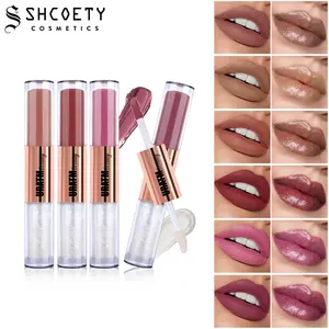 2-in-1 Matte & Glossy Lip Gloss,  High Pigment Moisturizing Lip Glaze with Shiny Top Coat, No Transfer Waterproof Lip Makeup for All Occasions，Multifunctional Color Double-ended LipGlaze Matte Lip Mud Watery Lip Gloss，Lipstick, Cosmetic