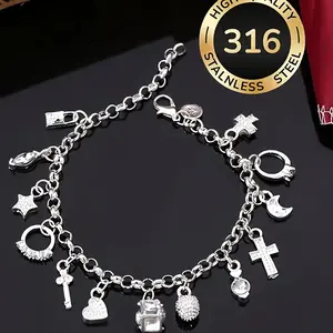 Silvery High-Quality 316 Stainless Steel - Hypoallergenic 13pcs Bracelet Set - Including Crosses, Stars & Key Charms – Elegant, Beautiful, Cute, Fashionable and Luxurious for Women’s Birthdays, Vacations, Parties, Valentine's, Christmas, Halloween