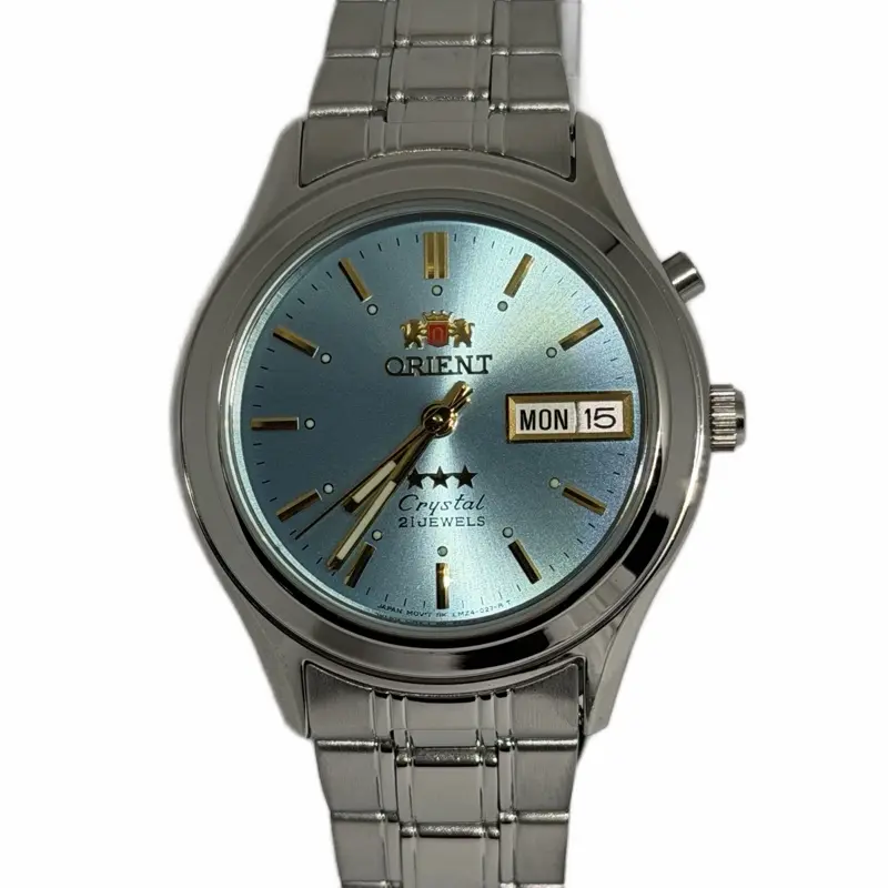 Orient 3 Star Stainless Steel Blue Sky Dial Day Date Unisex Automatic Watch with 21 Jewels and Crystal Movement