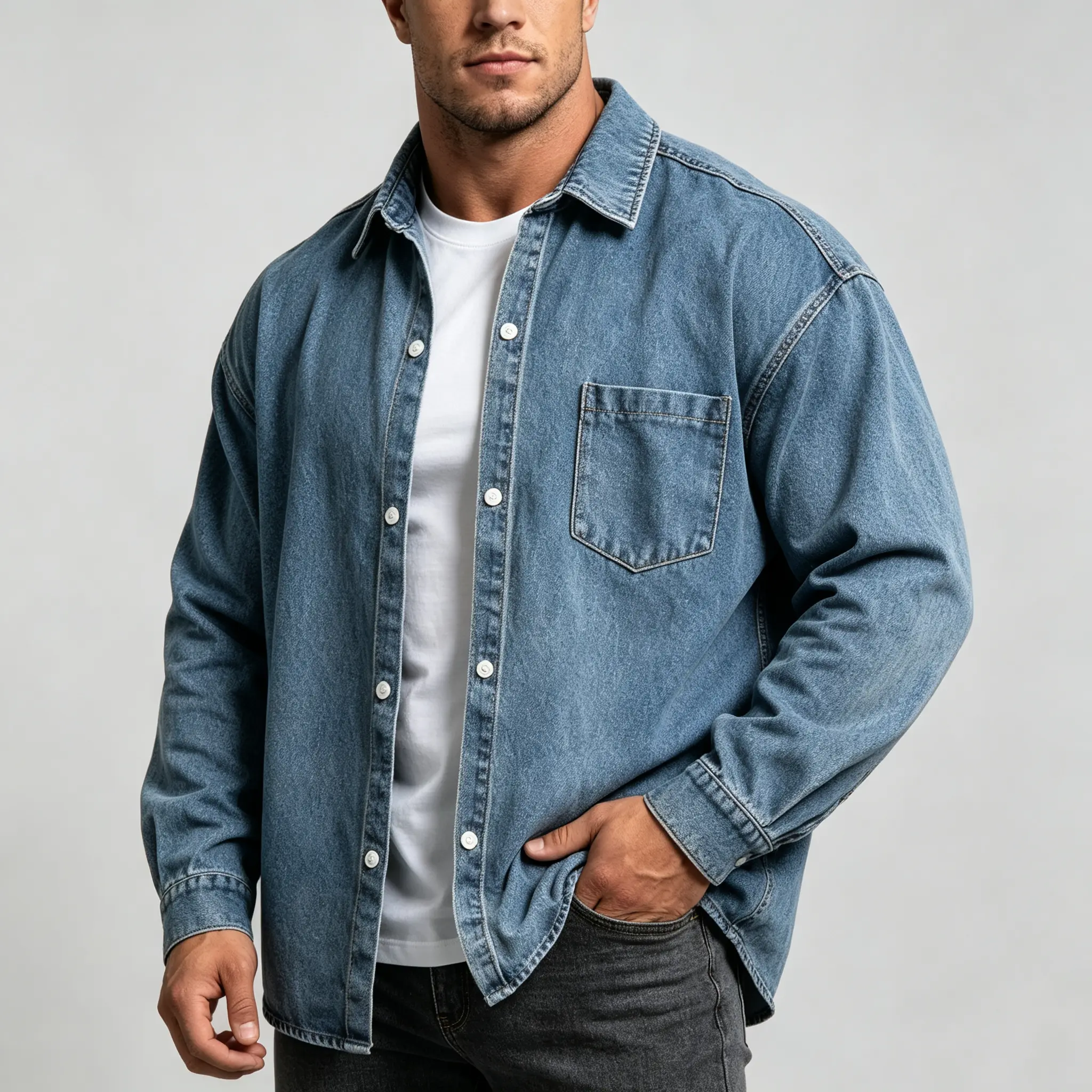 Spring/Autumn Men’s Washed Denim Long-Sleeve Shirt Jacket — Loose Fit, Heavyweight, Turn-Down Collar, Pockets, Vintage Style, Versatile Casual Layering Top