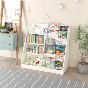 Kids Bookshelf and Toy Storage Organizer, Multifunctional 4 Tier Wooden Kids Book Shelf with  Bookcase Display Stand in Kids Room Playroom Nursery for Kids, Children, Toddlers (White),Stable, sturdy, and multifunctional