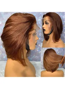 Brown Soft 14-Inch Short Bob Wig, 180 Density Smooth Straight Hair, Heat Resistant Lace Front Wig,Glueless, Daily Wear