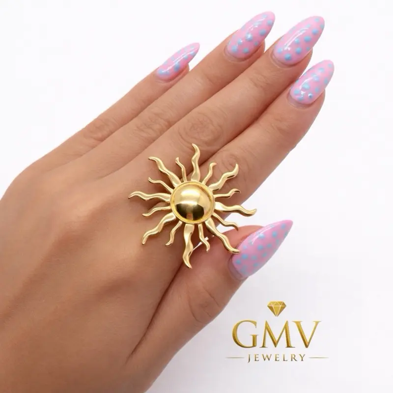 GMV Jewelry Sunny Ring - Premium Stainless Steel Non Tarnish Material, Gold Color, Sun Design, Elegant and Durable